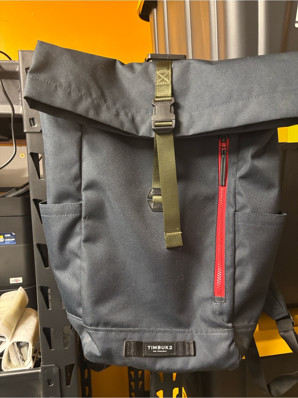 Timbuk2 Navy Roll-Top Backpack with Olive Strap and Red Zipper